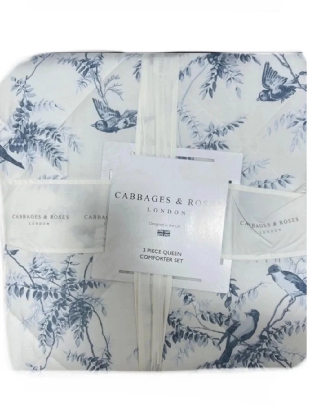 Cabbage & Roses Blue and White Etched Birds Queen Comforter Set 90”x90”